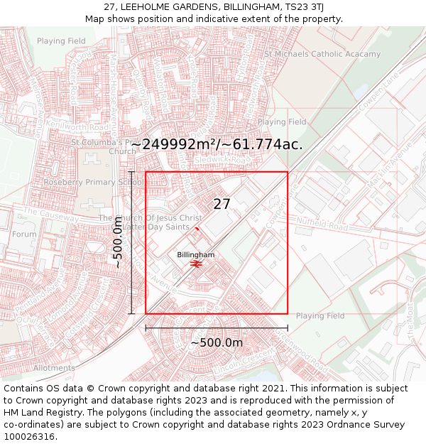 27, LEEHOLME GARDENS, BILLINGHAM, TS23 3TJ: Plot and title map