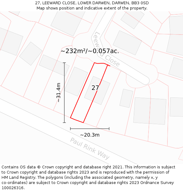 27, LEEWARD CLOSE, LOWER DARWEN, DARWEN, BB3 0SD: Plot and title map