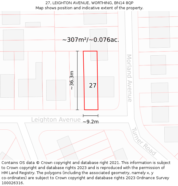 27, LEIGHTON AVENUE, WORTHING, BN14 8QP: Plot and title map