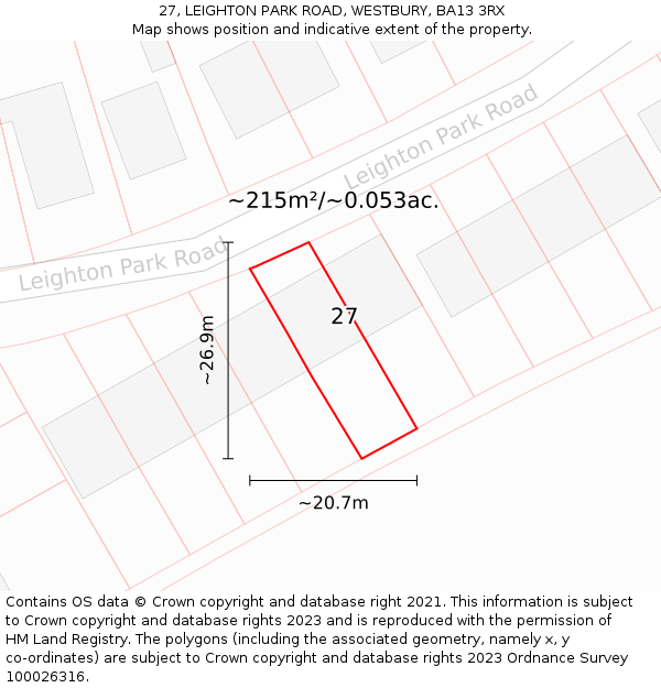 27, LEIGHTON PARK ROAD, WESTBURY, BA13 3RX: Plot and title map