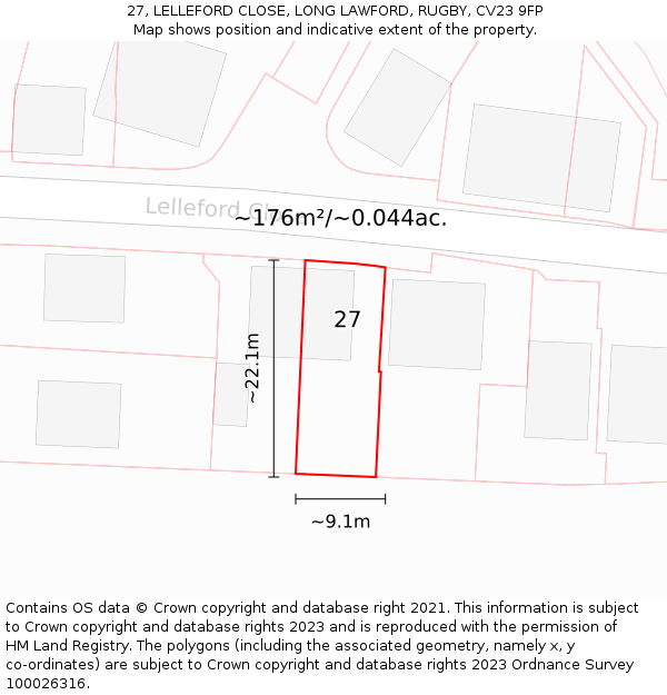 27, LELLEFORD CLOSE, LONG LAWFORD, RUGBY, CV23 9FP: Plot and title map
