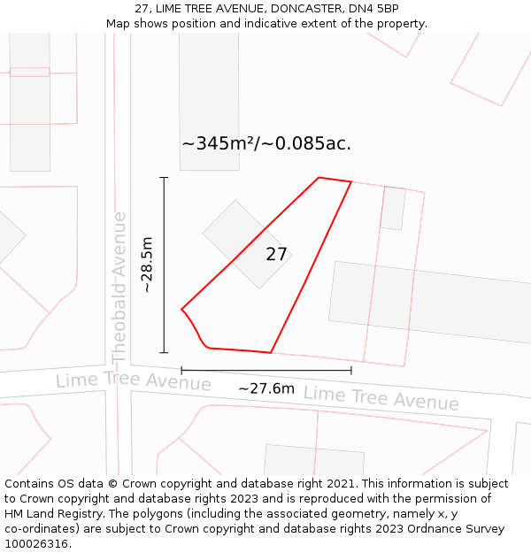 27, LIME TREE AVENUE, DONCASTER, DN4 5BP: Plot and title map