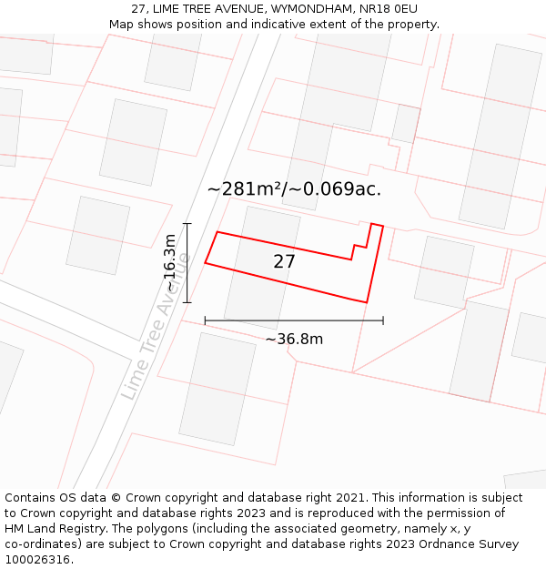 27, LIME TREE AVENUE, WYMONDHAM, NR18 0EU: Plot and title map