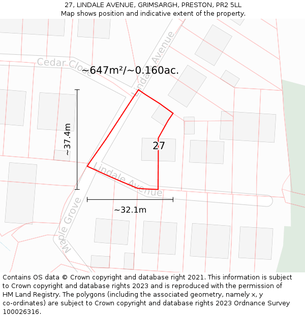 27, LINDALE AVENUE, GRIMSARGH, PRESTON, PR2 5LL: Plot and title map