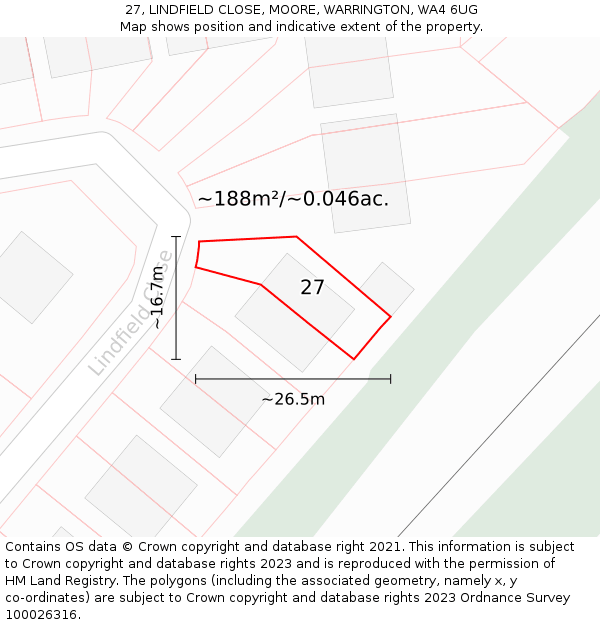 27, LINDFIELD CLOSE, MOORE, WARRINGTON, WA4 6UG: Plot and title map