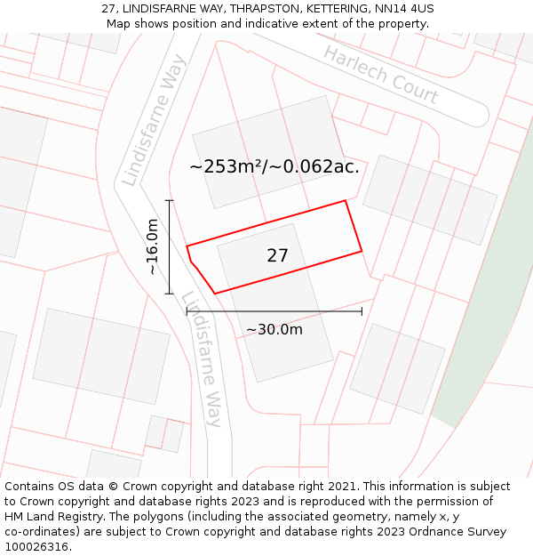 27, LINDISFARNE WAY, THRAPSTON, KETTERING, NN14 4US: Plot and title map