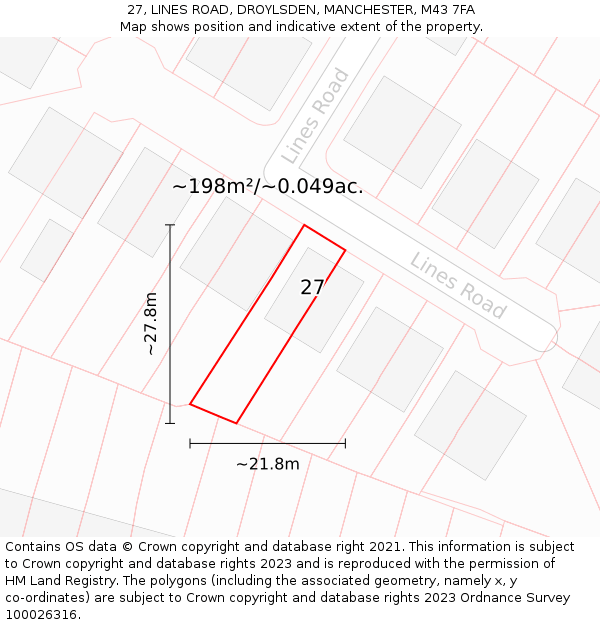 27, LINES ROAD, DROYLSDEN, MANCHESTER, M43 7FA: Plot and title map