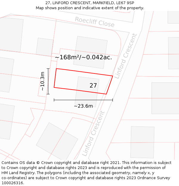 27, LINFORD CRESCENT, MARKFIELD, LE67 9SP: Plot and title map