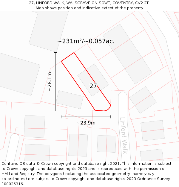 27, LINFORD WALK, WALSGRAVE ON SOWE, COVENTRY, CV2 2TL: Plot and title map