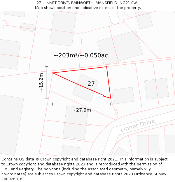27, LINNET DRIVE, RAINWORTH, MANSFIELD, NG21 0WL: Plot and title map