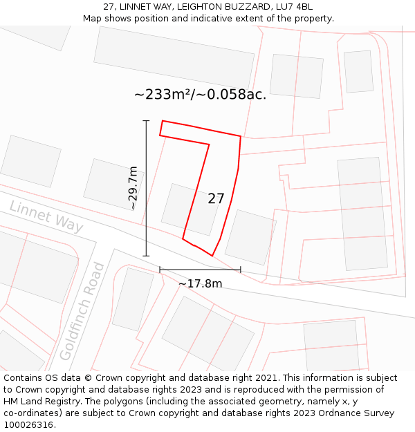 27, LINNET WAY, LEIGHTON BUZZARD, LU7 4BL: Plot and title map