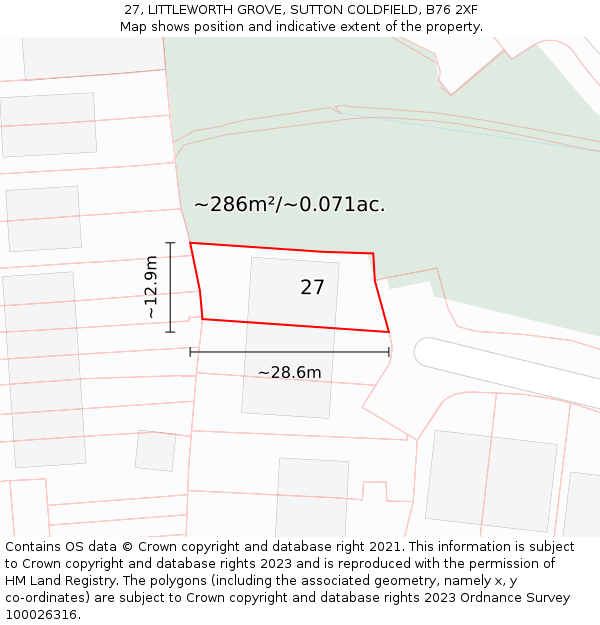 27, LITTLEWORTH GROVE, SUTTON COLDFIELD, B76 2XF: Plot and title map