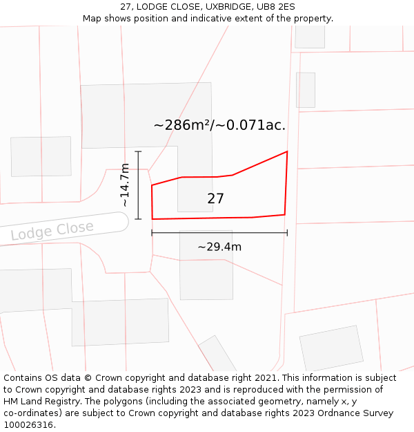 27, LODGE CLOSE, UXBRIDGE, UB8 2ES: Plot and title map
