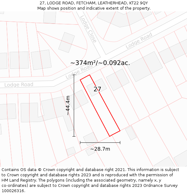 27, LODGE ROAD, FETCHAM, LEATHERHEAD, KT22 9QY: Plot and title map
