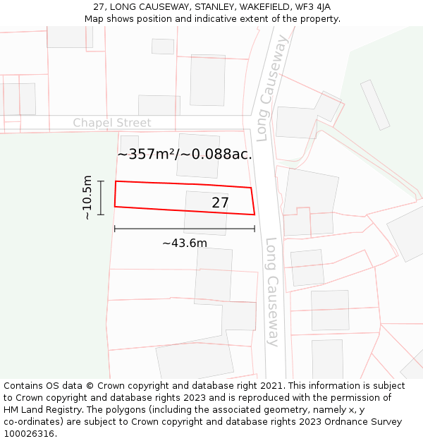 27, LONG CAUSEWAY, STANLEY, WAKEFIELD, WF3 4JA: Plot and title map