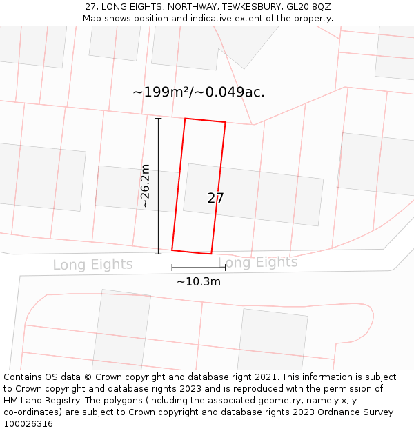 27, LONG EIGHTS, NORTHWAY, TEWKESBURY, GL20 8QZ: Plot and title map