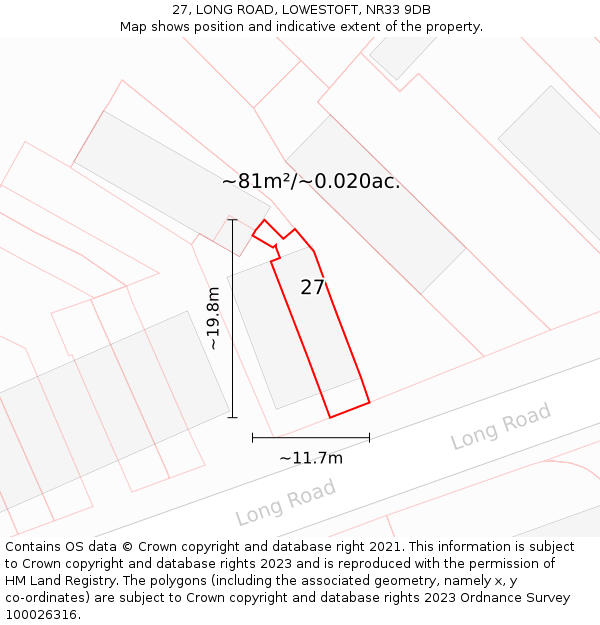 27, LONG ROAD, LOWESTOFT, NR33 9DB: Plot and title map