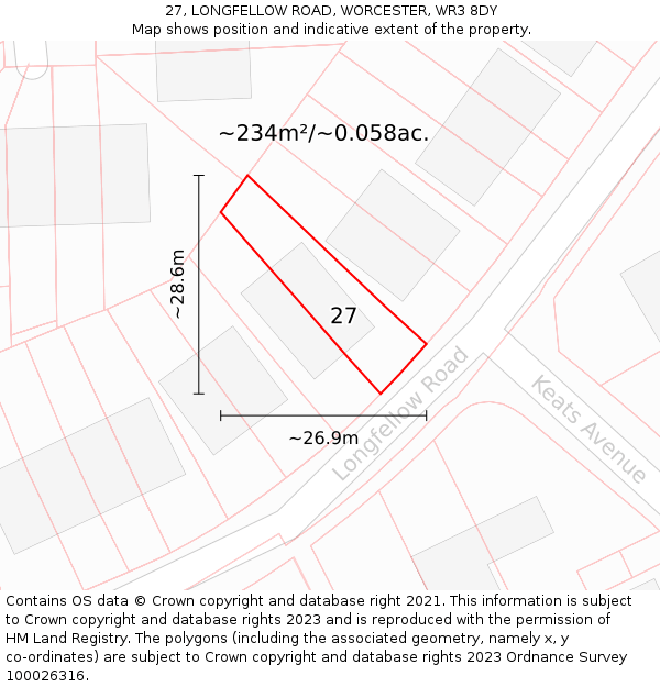 27, LONGFELLOW ROAD, WORCESTER, WR3 8DY: Plot and title map