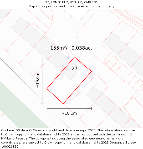 27, LONGFIELD, WITHAM, CM8 2SN: Plot and title map