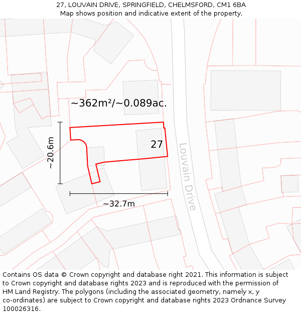 27, LOUVAIN DRIVE, SPRINGFIELD, CHELMSFORD, CM1 6BA: Plot and title map