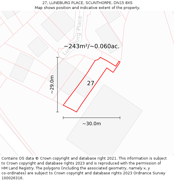 27, LUNEBURG PLACE, SCUNTHORPE, DN15 8XS: Plot and title map