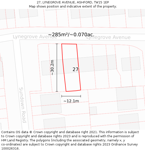 27, LYNEGROVE AVENUE, ASHFORD, TW15 1EP: Plot and title map