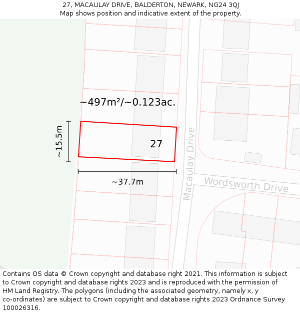 27, MACAULAY DRIVE, BALDERTON, NEWARK, NG24 3QJ: Plot and title map