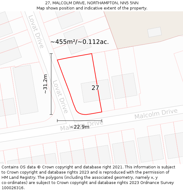 27, MALCOLM DRIVE, NORTHAMPTON, NN5 5NN: Plot and title map