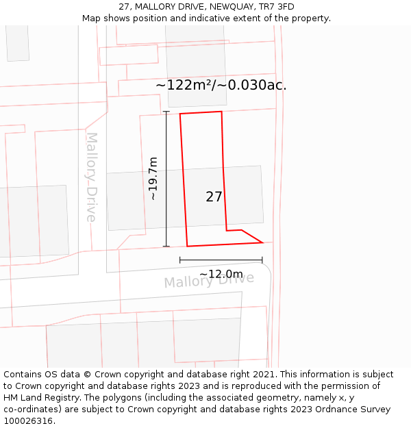 27, MALLORY DRIVE, NEWQUAY, TR7 3FD: Plot and title map