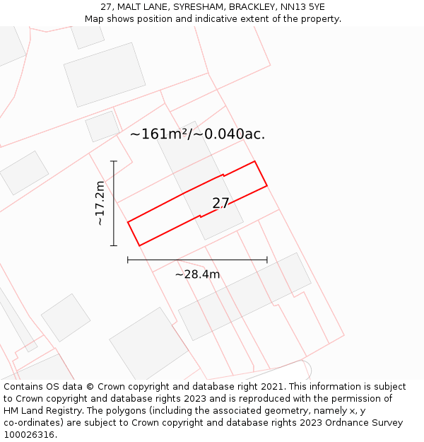 27, MALT LANE, SYRESHAM, BRACKLEY, NN13 5YE: Plot and title map