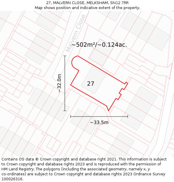 27, MALVERN CLOSE, MELKSHAM, SN12 7RR: Plot and title map