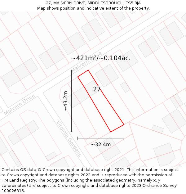 27, MALVERN DRIVE, MIDDLESBROUGH, TS5 8JA: Plot and title map