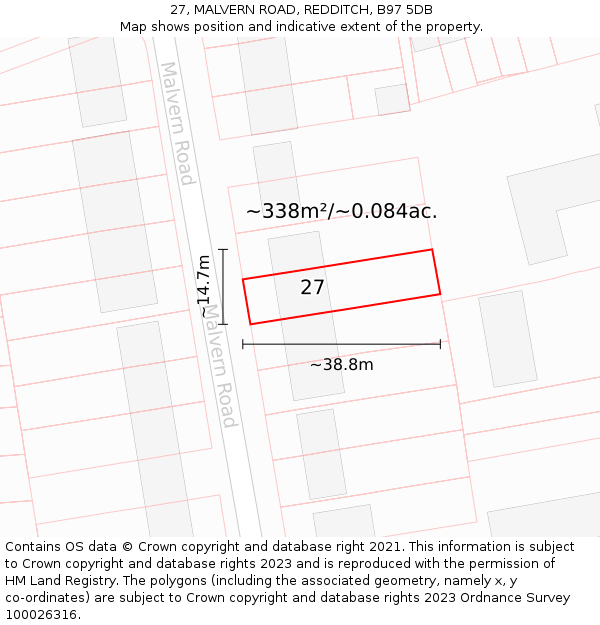 27, MALVERN ROAD, REDDITCH, B97 5DB: Plot and title map