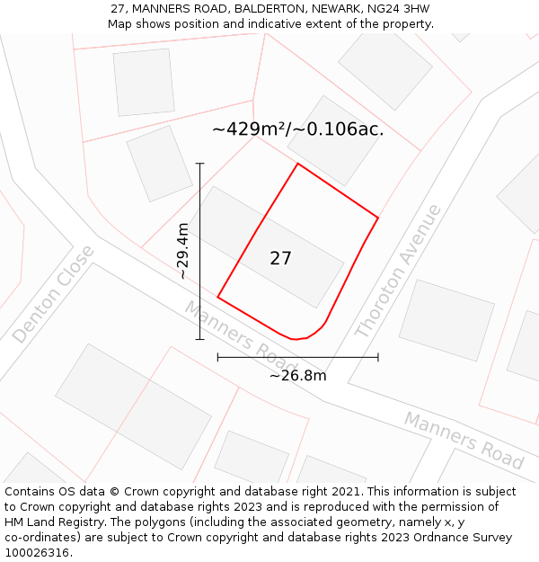 27, MANNERS ROAD, BALDERTON, NEWARK, NG24 3HW: Plot and title map