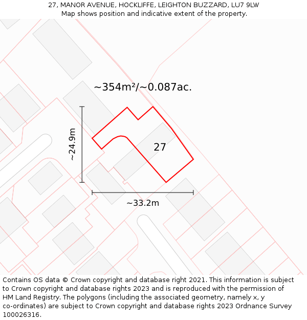 27, MANOR AVENUE, HOCKLIFFE, LEIGHTON BUZZARD, LU7 9LW: Plot and title map