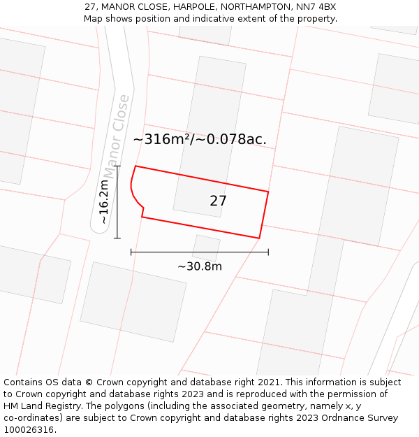 27, MANOR CLOSE, HARPOLE, NORTHAMPTON, NN7 4BX: Plot and title map