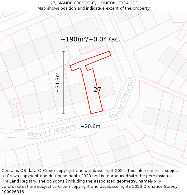 27, MANOR CRESCENT, HONITON, EX14 2DF: Plot and title map