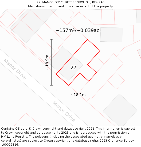 27, MANOR DRIVE, PETERBOROUGH, PE4 7AR: Plot and title map