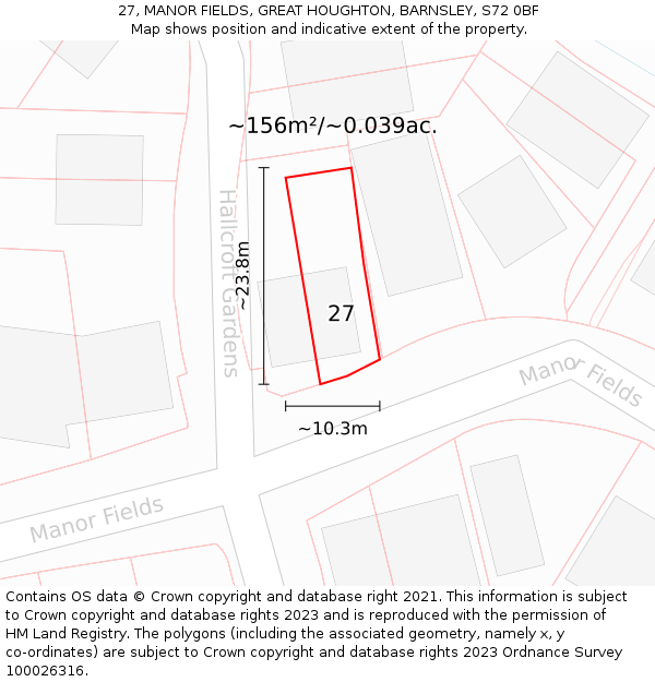 27, MANOR FIELDS, GREAT HOUGHTON, BARNSLEY, S72 0BF: Plot and title map