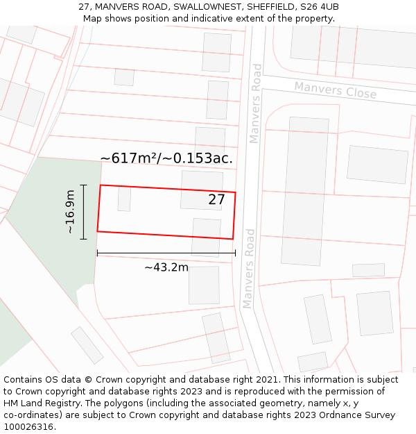 27, MANVERS ROAD, SWALLOWNEST, SHEFFIELD, S26 4UB: Plot and title map
