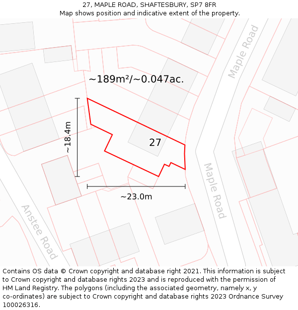27, MAPLE ROAD, SHAFTESBURY, SP7 8FR: Plot and title map