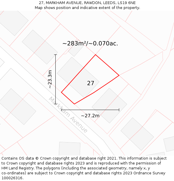 27, MARKHAM AVENUE, RAWDON, LEEDS, LS19 6NE: Plot and title map