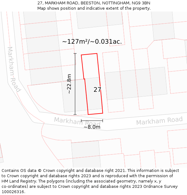 27, MARKHAM ROAD, BEESTON, NOTTINGHAM, NG9 3BN: Plot and title map