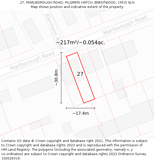 27, MARLBOROUGH ROAD, PILGRIMS HATCH, BRENTWOOD, CM15 9LN: Plot and title map