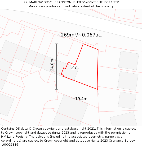27, MARLOW DRIVE, BRANSTON, BURTON-ON-TRENT, DE14 3TX: Plot and title map