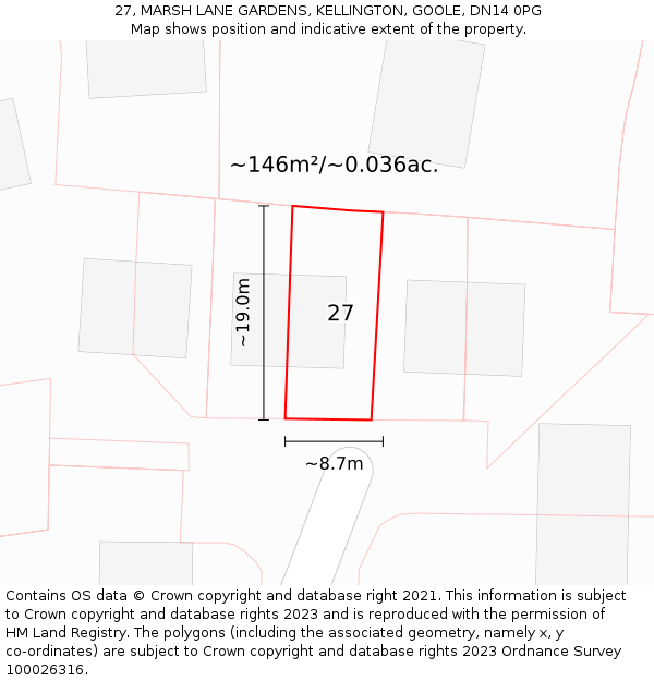 27, MARSH LANE GARDENS, KELLINGTON, GOOLE, DN14 0PG: Plot and title map