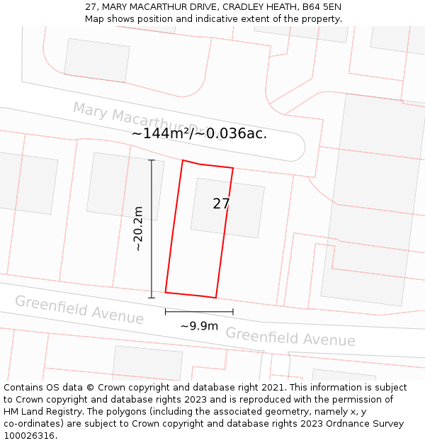 27, MARY MACARTHUR DRIVE, CRADLEY HEATH, B64 5EN: Plot and title map