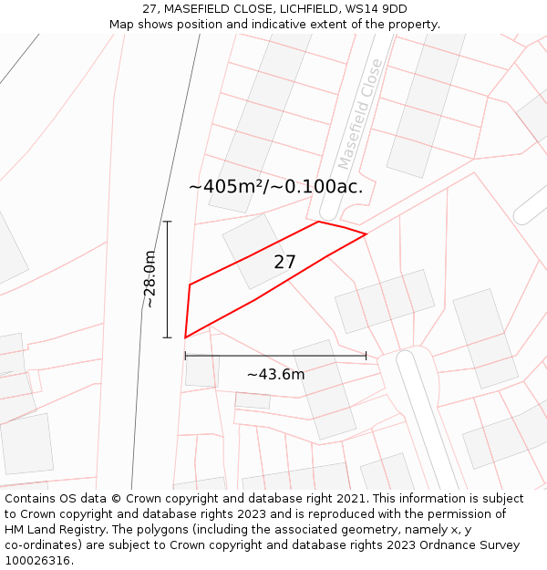 27, MASEFIELD CLOSE, LICHFIELD, WS14 9DD: Plot and title map