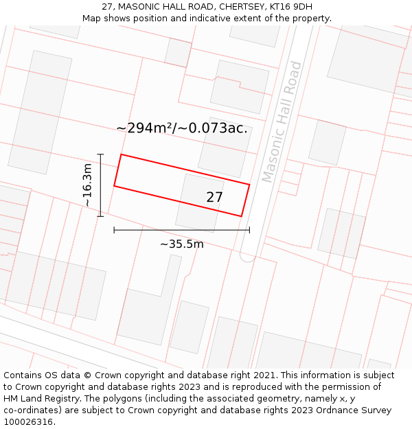 27, MASONIC HALL ROAD, CHERTSEY, KT16 9DH: Plot and title map