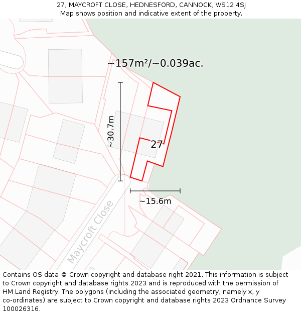 27, MAYCROFT CLOSE, HEDNESFORD, CANNOCK, WS12 4SJ: Plot and title map